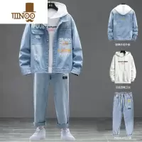 YANXU牛仔外套男潮流男装2023新款男士潮牌衣服休闲翻领夹克套装