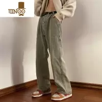 YANXU黄泥色牛仔裤男日系水洗做旧潮牌美式高街百搭宽松直筒休闲长裤子