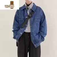YANXU复古深蓝色牛仔外套男潮韩版宽松百搭翻领多口袋休闲工装夹克