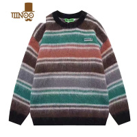 YANXUI美式复古毛绒撞色条纹圆领毛衣男 慵懒风宽松情侣针织衫潮