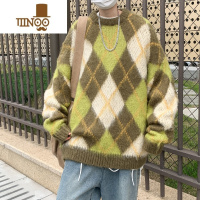 YANXU小众菱形撞色格子慵懒风宽松毛衣男款国潮复古休闲针织衫潮流