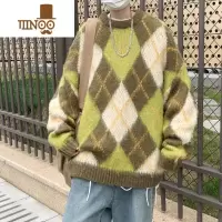 YANXU小众菱形撞色格子慵懒风宽松毛衣男款国潮复古休闲针织衫潮流