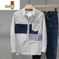YANXU灰色条纹长袖衬衫男秋款百搭港风日系撞色拼接潮流休闲宽松衬衣