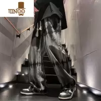 YANXU扎染复古牛仔裤男款潮牌痞帅直筒阔腿裤美式vibe高街休闲裤子