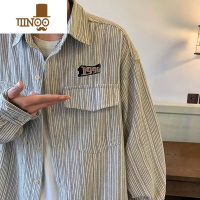YANXU日系oversize长袖衬衫男秋季感痞帅上衣外套潮牌条纹衬衣
