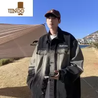 YANXU美式复古渐变牛仔外套男春季潮牌翻领工装夹克宽松休闲青少年上衣