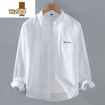 YANXU牛津纺刺绣衬衫男装长袖寸衫日系圆立领上衣休闲无领衬衣