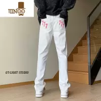 YANXU白色刺绣牛仔裤男款美式高街vibe风工装裤子潮牌修身直筒休闲长裤