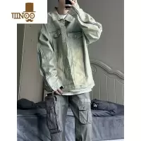 YANXU美式街头复古做旧水洗牛仔外套男女拉链设计感宽松夹克高街潮