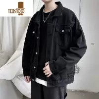 YANXU潮牌2023秋季黑色牛仔外套男生韩版宽松复古痞帅工装夹克翻领上衣