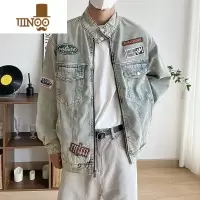 YANXU美式复古牛仔外套男秋季宽松休闲百搭潮牌水洗做旧立领夹克上衣