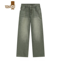 YANXUJINPX美式复古水洗直筒宽松阔腿拖地裤绿色牛仔裤男女