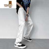 YANXU美式vibe风裤子高街潮ins白色工装牛仔裤男设计感小众微喇直筒裤