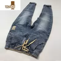 YANXU老板推荐 2023好版型夏季透气薄松紧腰弹小脚修身9分牛仔裤男