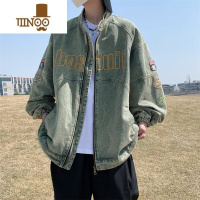 YANXU美式复古潮牌刺绣机车风做旧外套男款高街潮流工装牛仔夹克