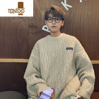 YANXU杏色vintage圆领毛衣男2023新款日系复古慵懒宽松粗线麻花针织衫