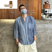 YANXU港风夏季简约亚麻衬衣男日系复古扎染立领痞帅炸街七分袖休闲衬衫