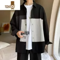 YANXU夏季薄款长袖衬衫男拼色冰丝潮牌休闲日系港风设计感小众条纹衬衣