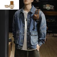 YANXU美式牛仔外套男水洗复古潮牌拼接工装外套宽松大码款翻领夹克