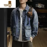YANXU美式牛仔外套男水洗复古潮牌拼接工装外套宽松大码款翻领夹克