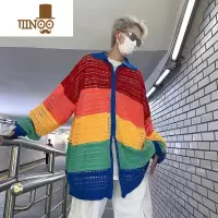 YANXU美式针织开衫毛衣男款潮牌多巴胺条纹镂空拉链宽松彩虹外套