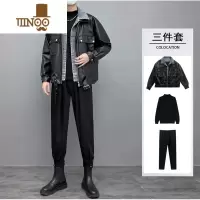 YANXU假PU皮衣外套男新款潮牌宽松牛仔夹克痞帅感休闲套装