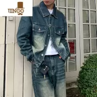 YANXU美式复古短款黄泥牛仔夹克cleanfit外套修身做旧水洗牛仔套装