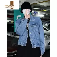 YANXUins美式高街复古压褶垫肩牛仔外套男女 潮牌百搭休闲短款情侣夹克