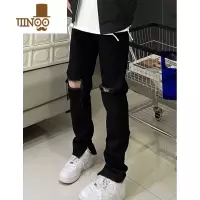 YANXU美式高街Vibe风膝盖破洞牛仔裤男显瘦水洗做旧hiphop侧拉链裤子男