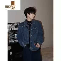 YANXUcleanfit垫肩深蓝色牛仔外套男感短款牛仔衣不规则飞行员夹克