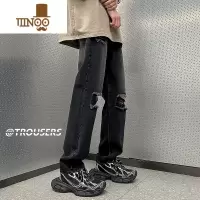 YANXU黄泥染高街破洞牛仔裤男美式复古oversize潮牌直筒宽松裤子夏薄款