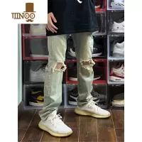 YANXU黄泥染复古水洗做旧膝盖破洞牛仔裤显瘦男女款长裤高街vibe破坏裤