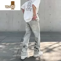YANXU美式复古水洗做旧黄泥染字母印花牛仔裤男潮ins高街vibe直筒裤子