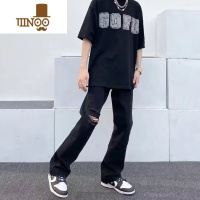 YANXU高街黑色破洞微喇叭牛仔裤夏季潮牌直筒复古小众痞帅vibe风长裤男