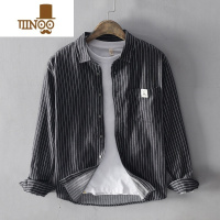 YANXU日系韩版潮流男士条纹休闲衬衫棉麻时尚百搭衬衣学生帅气上衣外套