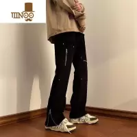 YANXU欧美高街vibe风裤子男小众设计感微喇工装机能口袋拉链炸街牛仔裤