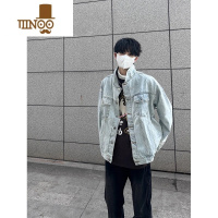 YANXU浅蓝色短款牛仔外套男感痞帅水洗美式牛仔衣褂子潮牌翻领夹克