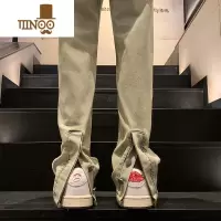 YANXU美式复古高街黄泥牛仔裤男款纽扣开叉水洗直筒修身vibe微喇叭裤子