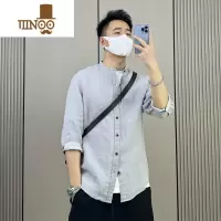 YANXU梅一天日系简约纯色亚麻七分袖衬衫男休闲宽松复古棉麻衬衣潮