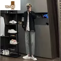 YANXU直筒阔腿牛仔裤潮牌男宽松毛边浅色垂感百搭复古九分裤子美式高街