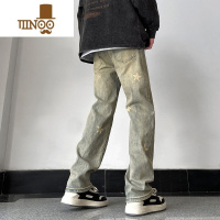 YANXU美式复古高街黄泥色星星牛仔裤男潮牌嘻哈设计感小众休闲直筒长裤