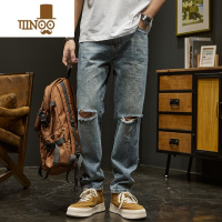 YANXU膝盖破洞牛仔裤男士直筒宽松潮流复古痞帅夏季美式高街休闲长裤子