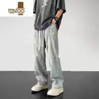 YANXU冰丝破洞牛仔裤男款夏季潮流薄款宽松直筒裤高街潮牌阔腿长裤子