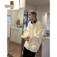 YANXUNECOYEP 2023早秋美式破痕设计感纯色圆领毛衣男女宽松休闲针织衫