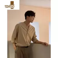 YANXU卡其色无领男士衬衫长袖日系设计感潮牌感痞帅垂感衬衣