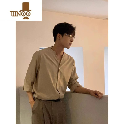 YANXU卡其色无领男士衬衫长袖日系设计感潮牌感痞帅垂感衬衣