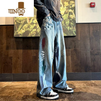 YANXU牛仔裤男秋季美式高街痞帅水洗做旧阔腿裤子潮牌宽松直筒休闲长裤