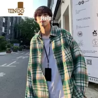 YANXU秋季新款日系毛呢格子长袖衬衣男士潮牌百搭休闲痞帅宽松衬衫外套