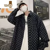 YANXU男士衬衫2023新款潮流长袖格子大码衬衣款胖子港风百搭日系帅