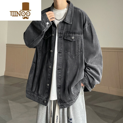 YANXU牛仔外套男生2023新款潮牌深灰上衣服宽松美式水洗休闲夹克